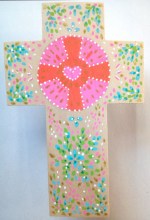 Croix murale coeur dans soleil rose